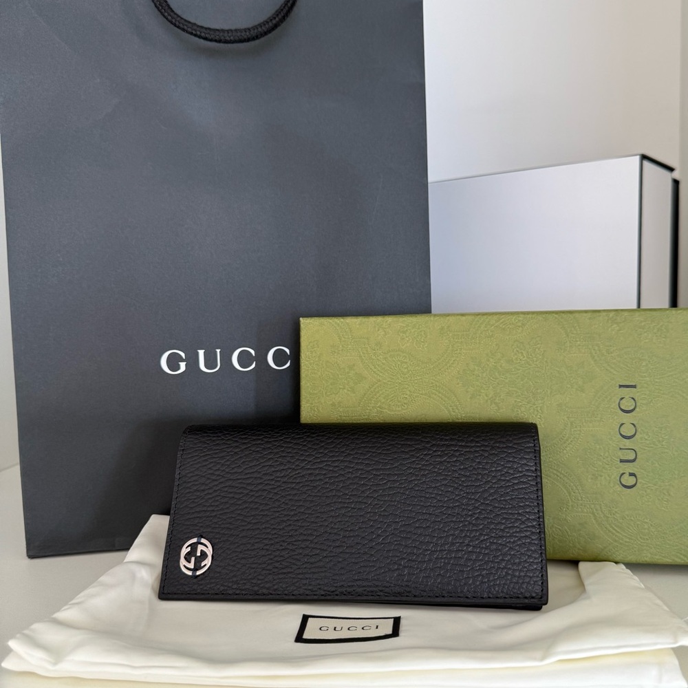NEW Gucci Men’s Long Bifold Black Leather Wallet GG Logo Blue interior - Picture 4 of 16